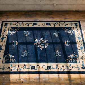 Antique Navy Blue Open Field Floral Tree Medallion Chinese Peking Rug (SKU 23192) - styled overhead view