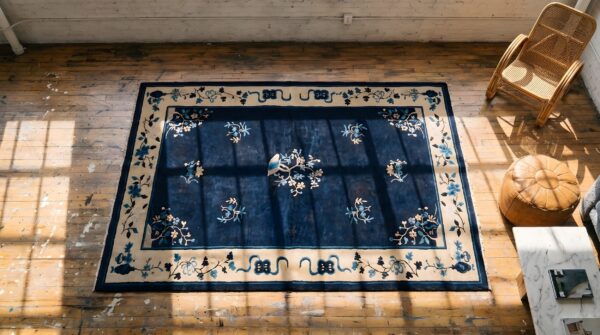 Antique navy blue open field floral tree medallion chinese peking rug 2 Antique navy blue open field floral tree medallion chinese peking rug (sku 23192) - styled overhead view