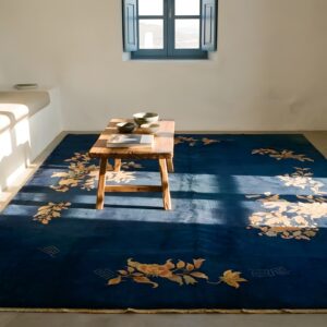 Navy Blue Open Field Antique Room Size Floral Chinese Art Deco Rug (SKU 24064) - styled overhead view