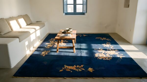 Navy blue open field antique room size floral chinese art deco rug 2 Navy blue open field antique room size floral chinese art deco rug (sku 24064) - styled overhead view