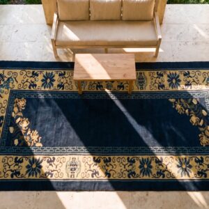 Navy Blue Antique Peking Chinese Knotted Hallway Runner Rug (SKU 24281) - styled overhead view