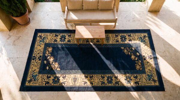 Navy blue antique peking chinese knotted hallway runner rug 2 Navy blue antique peking chinese knotted hallway runner rug (sku 24281) - styled overhead view