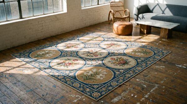 Antique needlepoint english flat weave square rug 10 Antique needlepoint english flat weave square rug (sku 17481) - room view