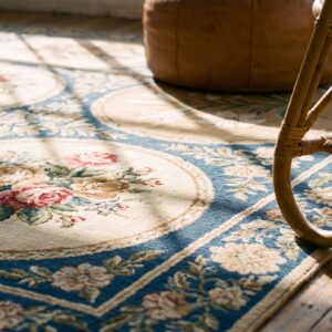 Antique Needlepoint English Flat Weave Square Rug (SKU 17481) - in-room detail