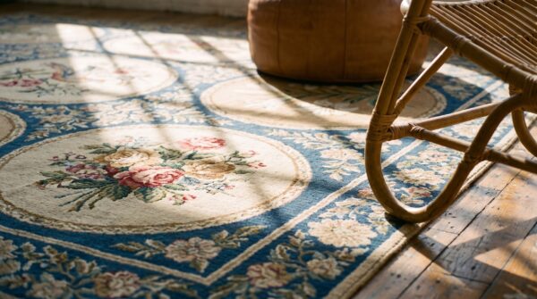 Antique needlepoint english flat weave square rug 11 Antique needlepoint english flat weave square rug (sku 17481) - in-room detail