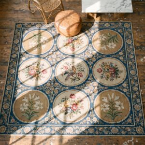 Antique Needlepoint English Flat Weave Square Rug (SKU 17481) - styled overhead view