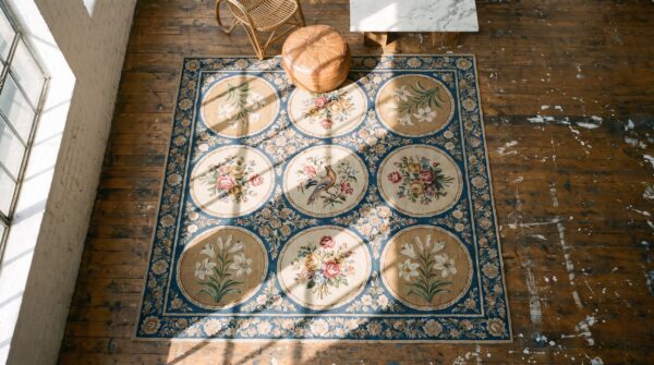 Antique needlepoint english flat weave square rug 2 Antique needlepoint english flat weave square rug (sku 17481) - styled overhead view