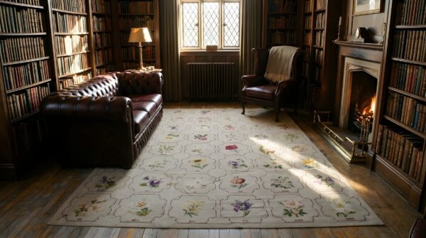 Antique needlepoint english stitched rug 8 Antique needlepoint english stitched rug (sku 25388) - room view