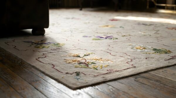 Antique needlepoint english stitched rug 9 Antique needlepoint english stitched rug (sku 25388) - in-room detail