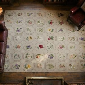 Antique Needlepoint English Stitched Rug (SKU 25388) - styled overhead view
