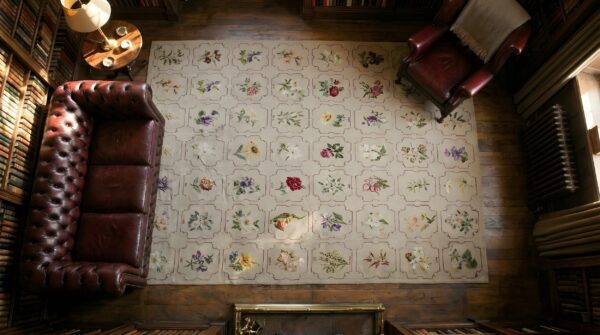 Antique needlepoint english stitched rug 2 Antique needlepoint english stitched rug (sku 25388) - styled overhead view