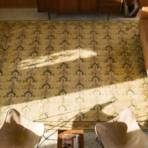 Antique Needlepoint French Allover Flat Weave Rug (SKU 24235) - styled overhead view