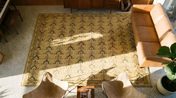 Antique needlepoint french allover flat weave rug 2 Antique needlepoint french allover flat weave rug (sku 24235) - styled overhead view