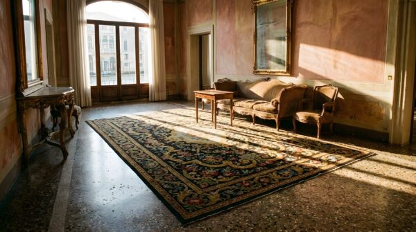 Antique needlepoint french floral, medallion stitched rug (sku 24751) - room view
