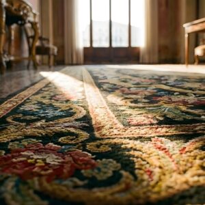 Antique Needlepoint French Floral, Medallion Stitched Rug (SKU 24751) - in-room detail