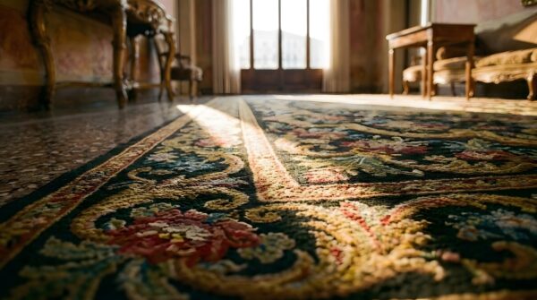 Antique needlepoint french floral, medallion stitched rug (sku 24751) - in-room detail