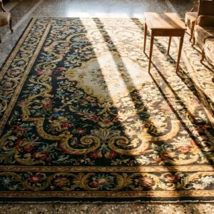 Antique Needlepoint French Floral, Medallion Stitched Rug (SKU 24751) - styled overhead view