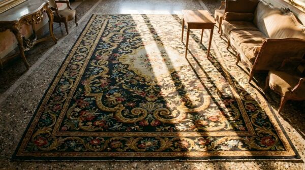 Antique needlepoint french floral, medallion stitched rug (sku 24751) - styled overhead view