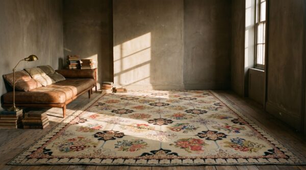 Antique needlepoint room size wool ivory rug 11 Antique needlepoint room size wool ivory rug (sku 19661) - room view