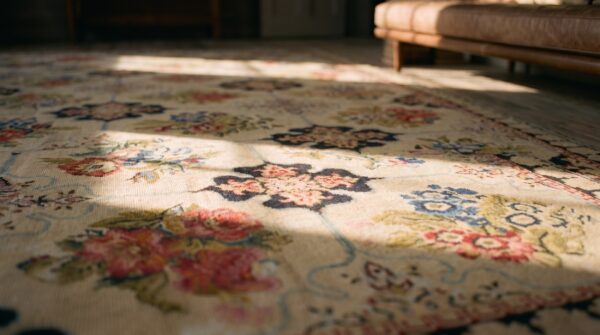 Antique needlepoint room size wool ivory rug 12 Antique needlepoint room size wool ivory rug (sku 19661) - in-room detail