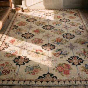 Antique Needlepoint Room Size Wool Ivory Rug (SKU 19661) - styled overhead view