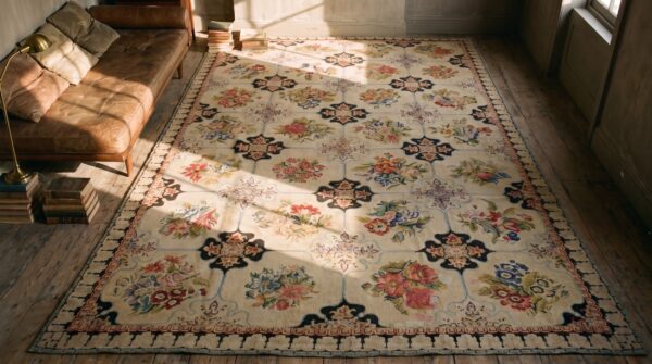 Antique needlepoint room size wool ivory rug 2 Antique needlepoint room size wool ivory rug (sku 19661) - styled overhead view
