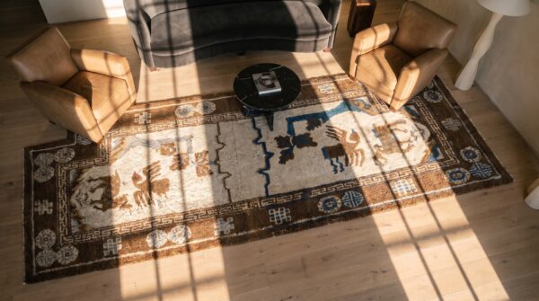 Neutral color animal pattern antique chinese saddle horse cover rug 2 Neutral color animal pattern antique chinese saddle horse cover rug (sku 22565) - styled overhead view