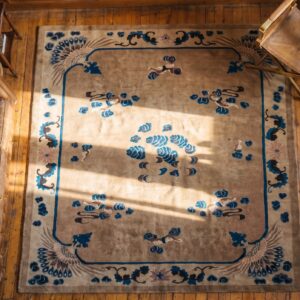 Antique Neutral Color Chinese Peacock Pattern Peking Rug (SKU 22504) - styled overhead view