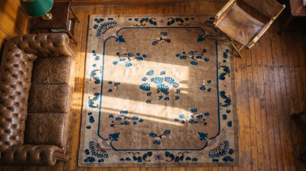 Antique neutral color chinese peacock pattern peking rug (sku 22504) - styled overhead view