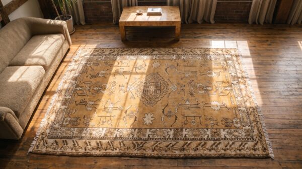 Neutral color antique khotan east turkestan rug 2 Neutral color antique khotan east turkestan rug (sku 20037) - styled overhead view