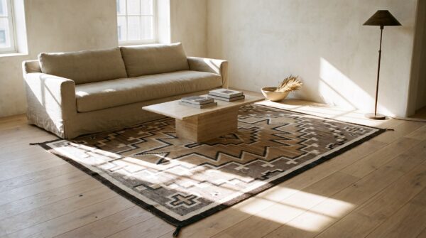 Neutral color antique tribal geometric flatwoven native american navajo rug 9 Neutral color antique tribal geometric flatwoven native american navajo rug (sku 21809) - room view