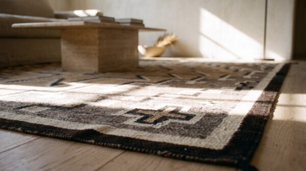 Neutral color antique tribal geometric flatwoven native american navajo rug 10 Neutral color antique tribal geometric flatwoven native american navajo rug (sku 21809) - in-room detail