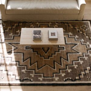 Neutral Color Antique Tribal Geometric Flatwoven Native American Navajo Rug (SKU 21809) - styled overhead view