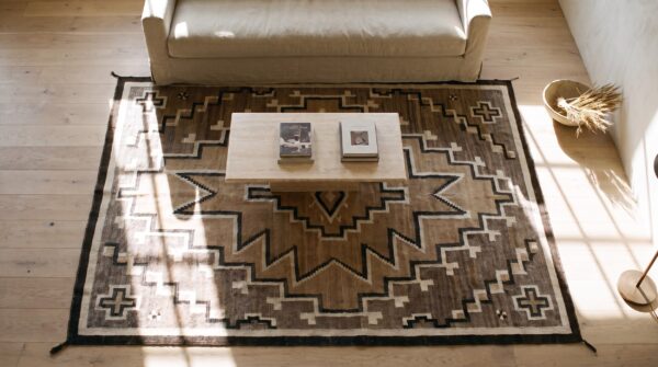 Neutral color antique tribal geometric flatwoven native american navajo rug 2 Neutral color antique tribal geometric flatwoven native american navajo rug (sku 21809) - styled overhead view