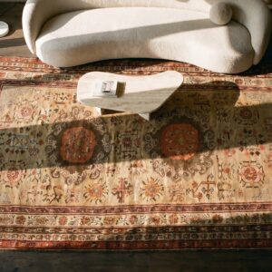 Neutral Color Antique Tribal Long and Narrow Size East Turkestan Khotan Rug (SKU 19222) - styled overhead view