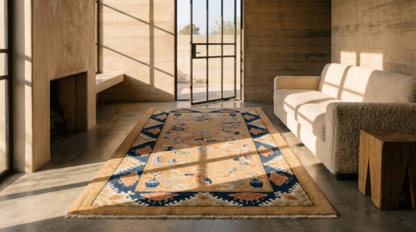 Neutral cream color antique chinese koi fish medallion peking rug 5 Neutral cream color antique chinese koi fish medallion peking rug (sku 21990) - room view