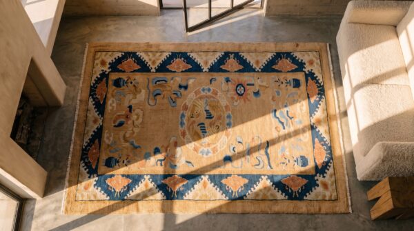 Neutral cream color antique chinese koi fish medallion peking rug 2 Neutral cream color antique chinese koi fish medallion peking rug (sku 21990) - styled overhead view