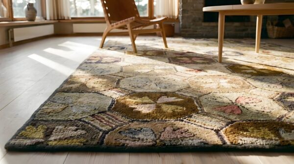 Neutral earthy color antique geometric american folk art design hooked rug 9 Neutral earthy color antique geometric american folk art design hooked rug (sku 23536) - in-room detail