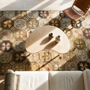 Neutral Earthy Color Antique Geometric American Folk Art Design Hooked Rug (SKU 23536) - styled overhead view