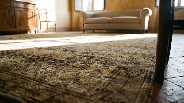 Neutral gray brown antique square tribal persian malayer rug 10 Neutral gray brown antique square tribal persian malayer rug (sku 23754) - in-room detail