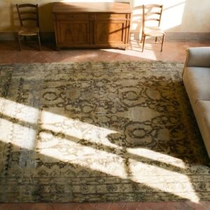 Neutral Gray Brown Antique Square Tribal Persian Malayer Rug (SKU 23754) - styled overhead view