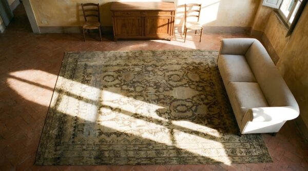 Neutral gray brown antique square tribal persian malayer rug 2 Neutral gray brown antique square tribal persian malayer rug (sku 23754) - styled overhead view