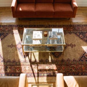 Neutral Antique Persian Tribal Geometric Pattern Serab Rug (SKU 23309) - styled overhead view