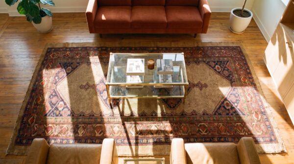 Neutral antique persian tribal geometric pattern serab rug 2 Neutral antique persian tribal geometric pattern serab rug (sku 23309) - styled overhead view