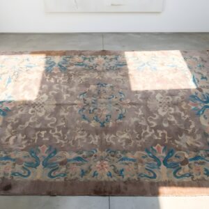 Neutral Purple Antique Chinese Crane Design Large Long and Narrow Size Peking Rug (SKU 23149) - styled overhead view