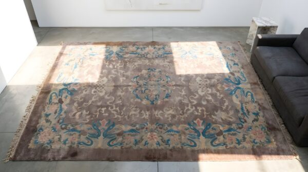 Neutral purple antique chinese crane design large long and narrow size peking rug 2 Neutral purple antique chinese crane design large long and narrow size peking rug (sku 23149) - styled overhead view