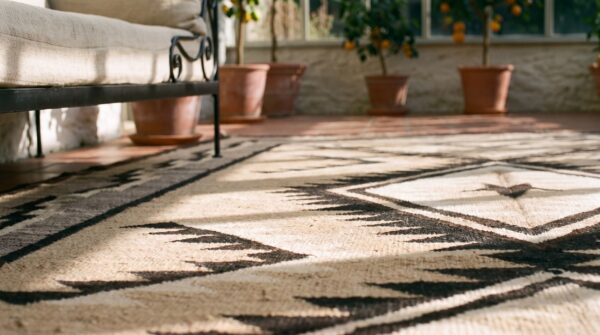 Neutral antique tribal design native american wool navajo flat weave rug 11 Neutral antique tribal design native american wool navajo flat weave rug (sku 23597) - in-room detail