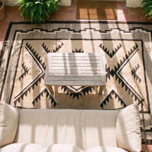 Neutral Antique Tribal Design Native American Wool Navajo Flat Weave Rug (SKU 23597) - styled overhead view