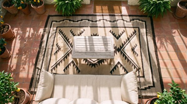 Neutral antique tribal design native american wool navajo flat weave rug 2 Neutral antique tribal design native american wool navajo flat weave rug (sku 23597) - styled overhead view