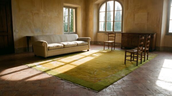 Antique nichols workshop chinese art deco carpet large room size wool yellow rug (sku 24590) - room view
